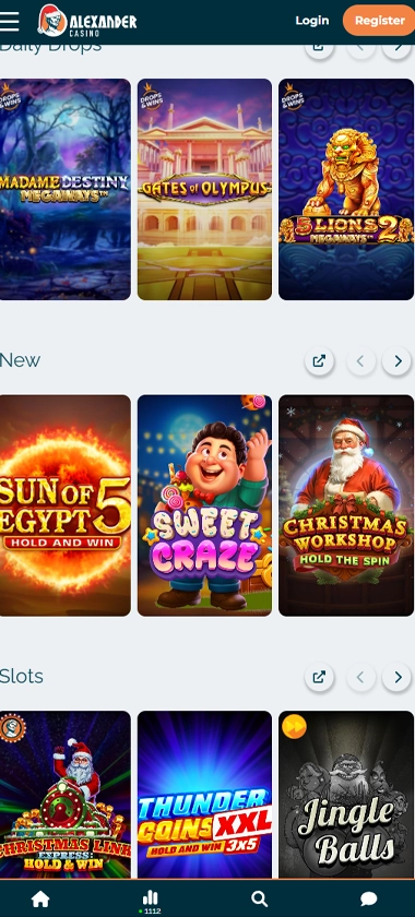Alexander Casino mobile game selection screenshot featuring categories for slots, table games, and live casino titles – tested