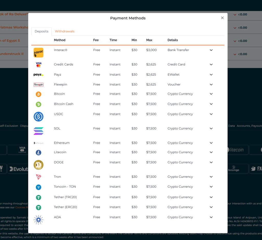 Alexander Casino desktop deposit methods screenshot showing available banking options, limits, and supported payment providers – tested