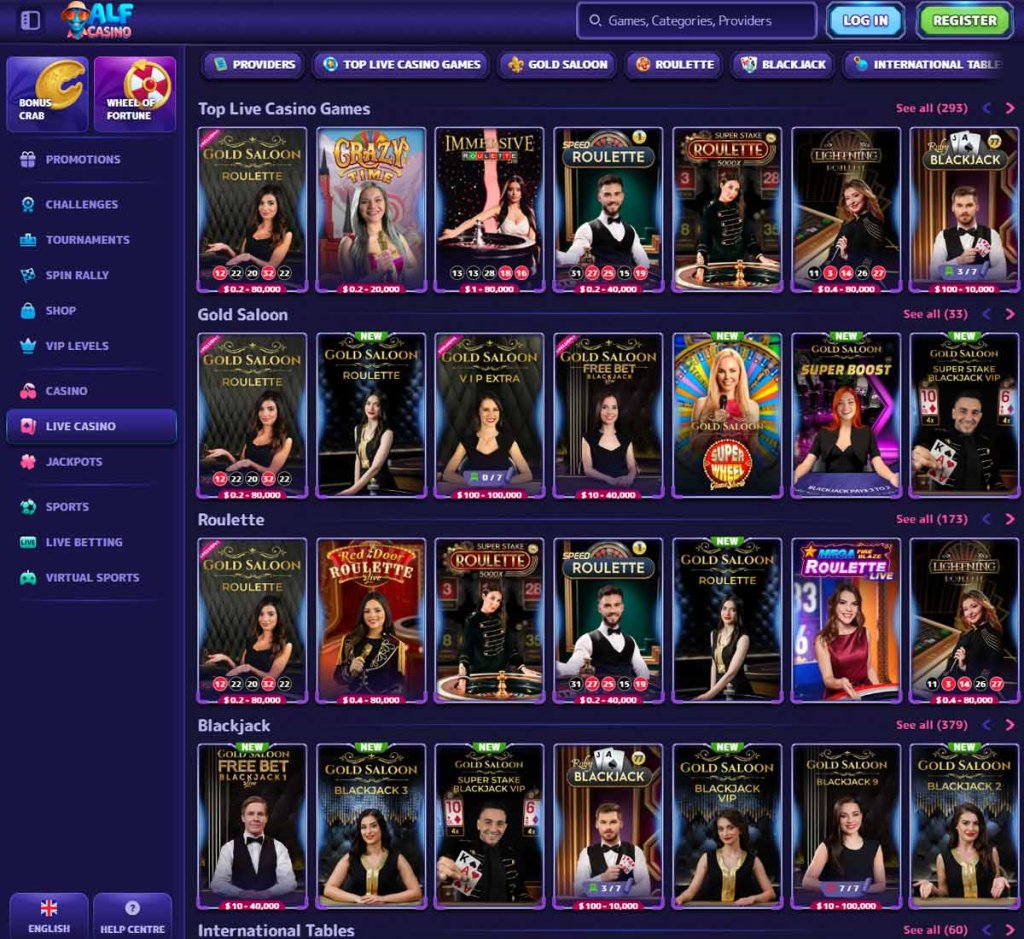 Alf Casino desktop live casino section with blackjack, roulette, baccarat and live dealers – tested