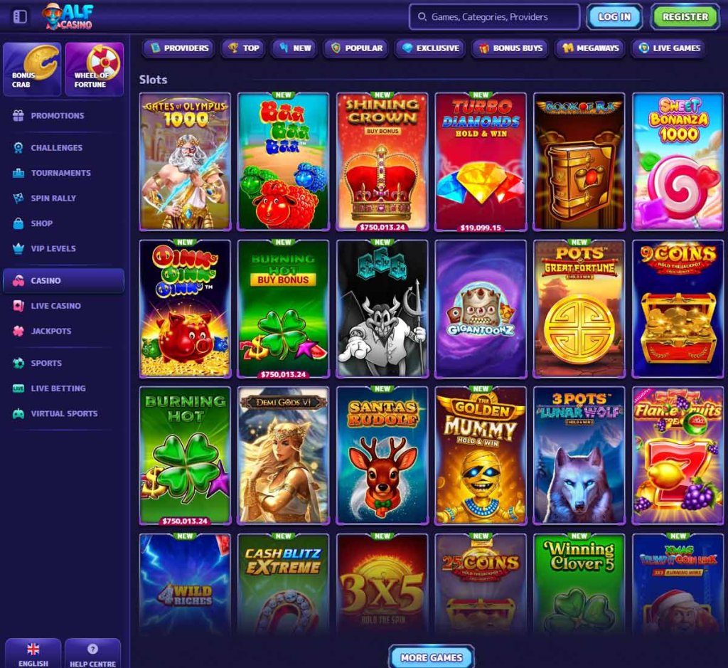 Alf Casino desktop slots lobby featuring a wide selection of slot machines and categories – tested
