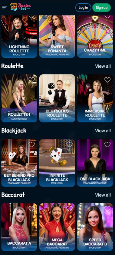 BaxterBet Casino mobile live casino section with live dealer roulette, blackjack, and baccarat options – tested