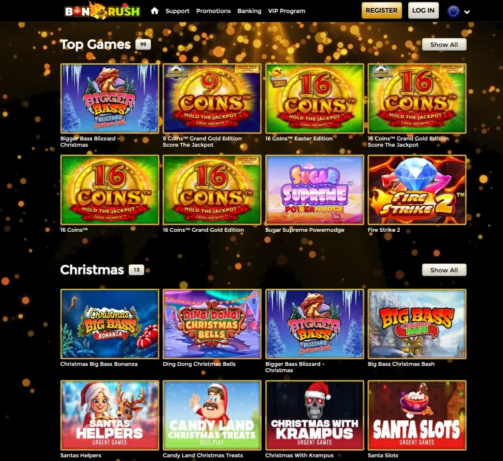 Bonrush Casino desktop homepage screenshot showing featured promotions, navigation menu, and highlighted games – tested