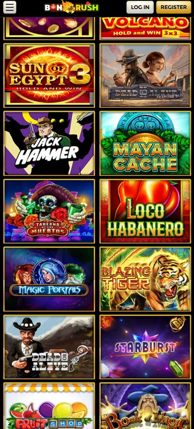 Bonrush Casino mobile slots screenshot showing a wide selection of slot games and categories – tested