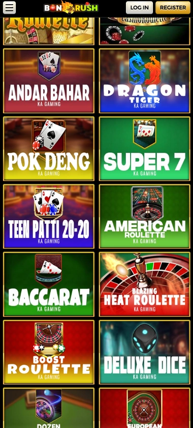 Bonrush Casino mobile table games screenshot showing classic casino games including blackjack and roulette – tested