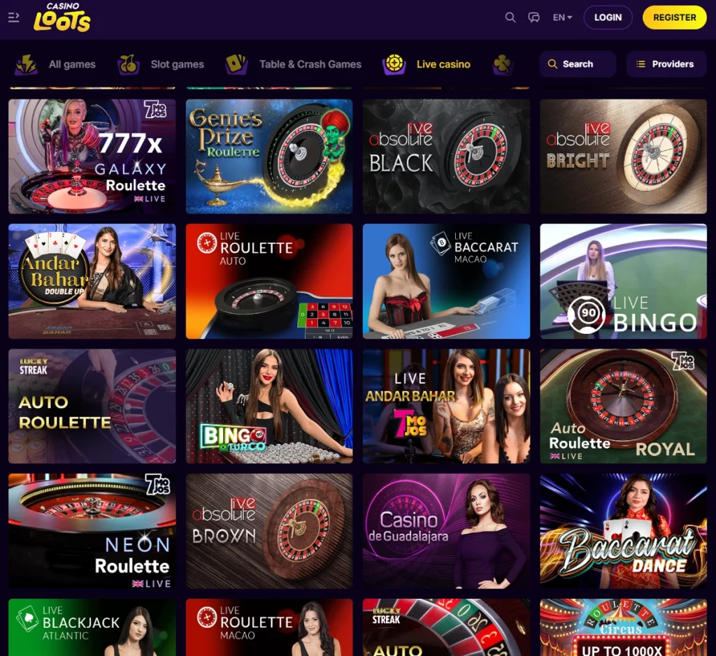 Casino Loots desktop live casino screenshot showing live dealer tables and game categories – tested