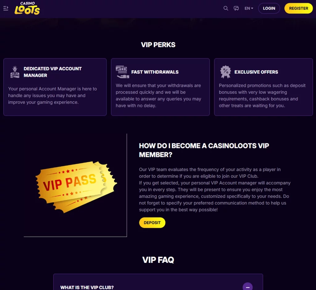 Casino Loots desktop VIP club screenshot showing membership tiers, rewards, and exclusive perks – tested