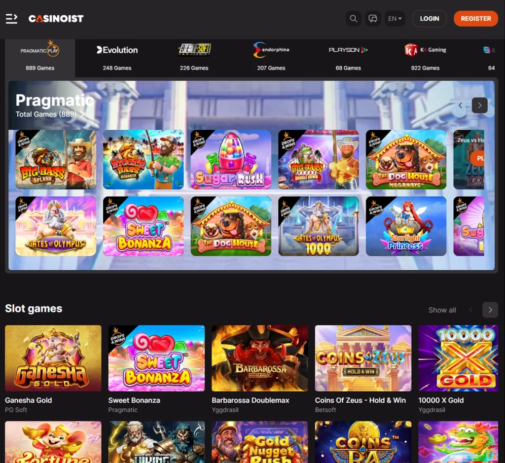 Casinoist Casino desktop homepage screenshot showing main navigation, featured games, and promotions – tested