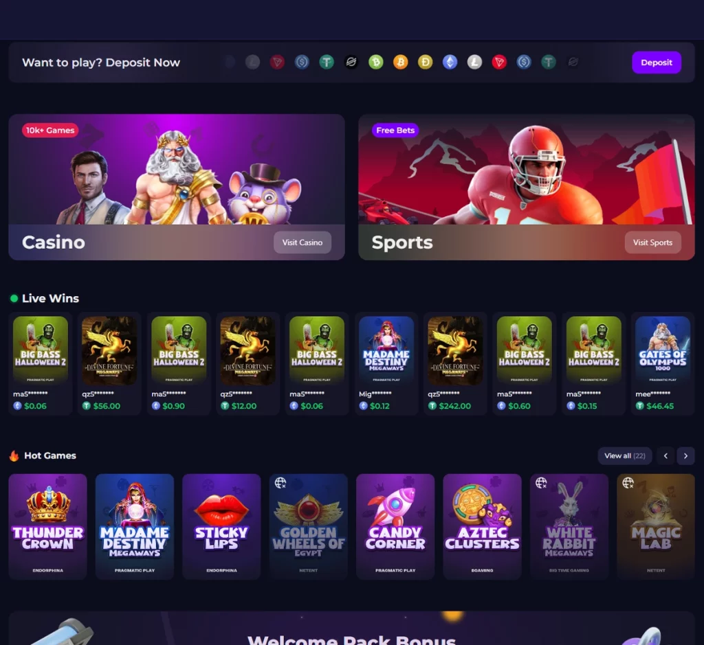 Crypto-Games Casino desktop homepage screenshot highlighting crypto payment options, featured games, and main navigation – tested Crypto-Games Casino desktop homepage screenshot highlighting crypto payment options, featured games, and main navigation – tested