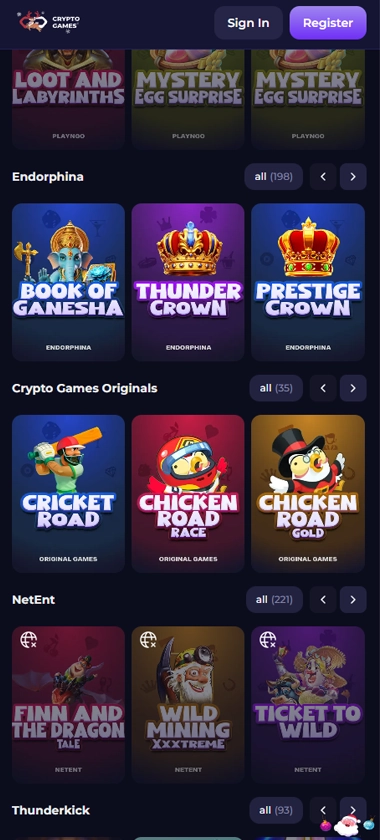 Crypto-Games Casino mobile homepage screenshot showing featured crypto games, navigation menu, and promotions – Tested