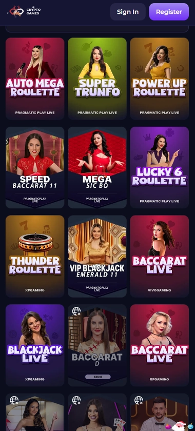 Crypto-Games Casino mobile live casino screenshot displaying live dealer games with cryptocurrency support – Tested