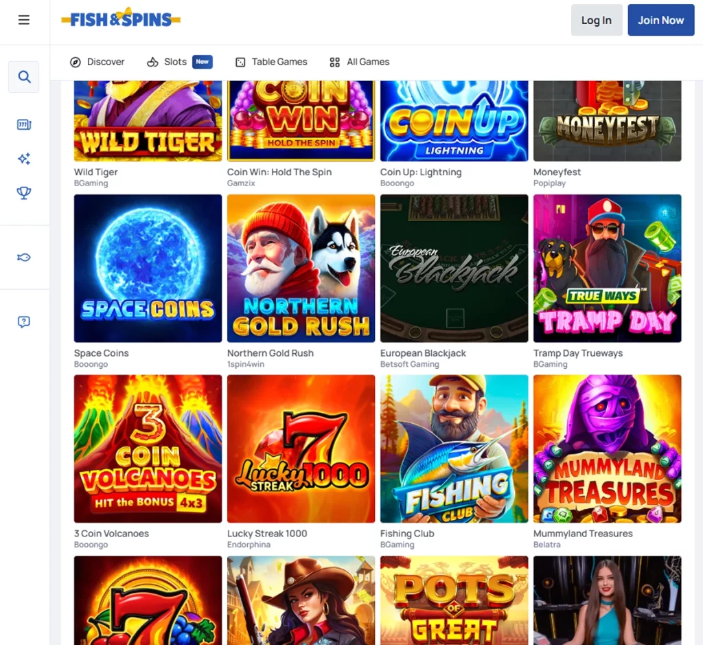 Fish and Spins Casino desktop games collection screenshot displaying slots, table games, and live casino categories – tested Fish and Spins Casino desktop games collection screenshot displaying slots, table games, and live casino categories – tested