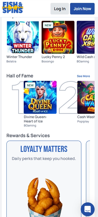 Fish and Spins Casino mobile homepage screenshot displaying featured games, menu navigation, and welcome promotions – Tested Fish and Spins Casino mobile homepage screenshot displaying featured games, menu navigation, and welcome promotions – Tested