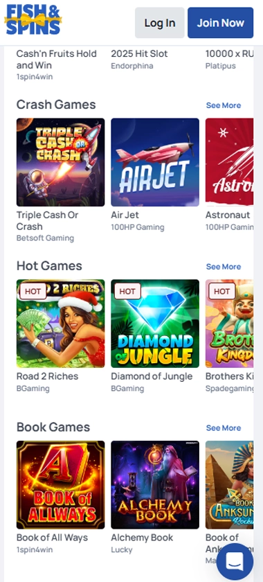 Fish and Spins Casino mobile slots screenshot showing slot game thumbnails, filters, and providers list – Tested Fish and Spins Casino mobile slots screenshot showing slot game thumbnails, filters, and providers list – Tested