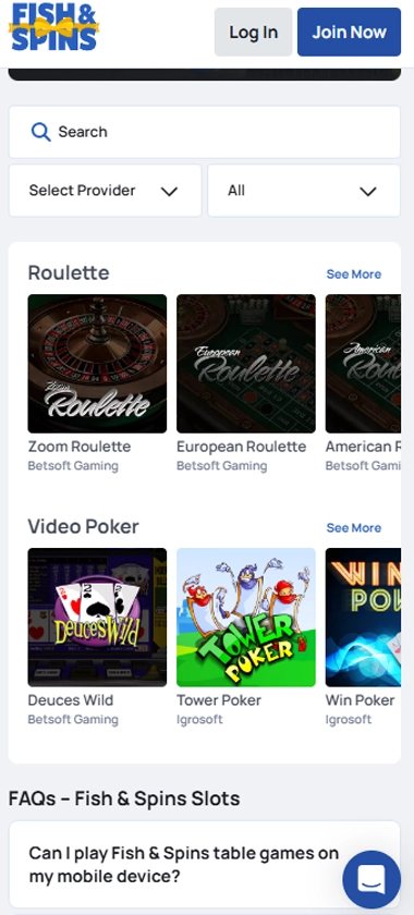 Fish and Spins Casino mobile table games screenshot displaying blackjack, roulette, and baccarat game selection – Tested Fish and Spins Casino mobile table games screenshot displaying blackjack, roulette, and baccarat game selection – Tested