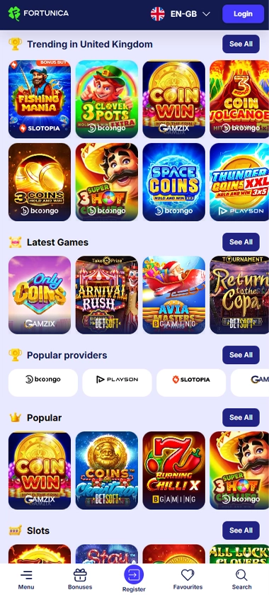 Fortunica Casino mobile homepage screenshot showing featured games, navigation menu, and promotional banners – tested