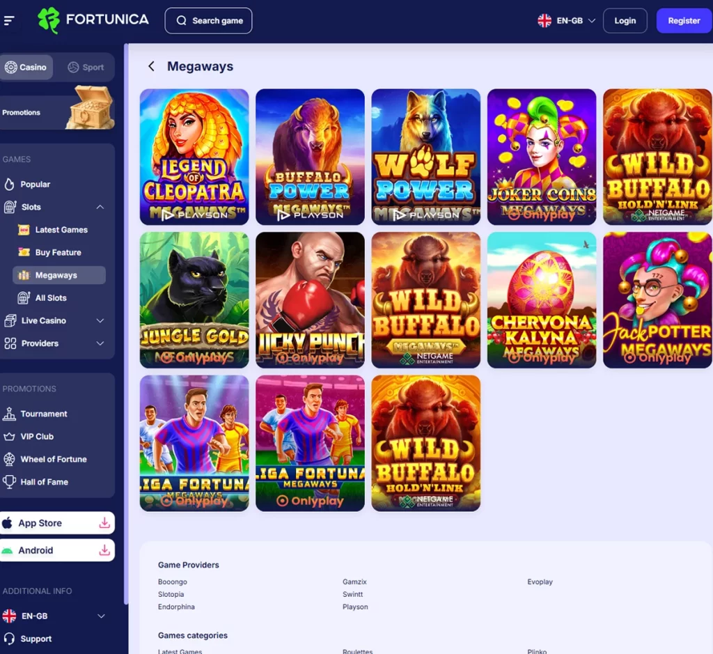 Fortunica Casino desktop Megaways slots screenshot showing Megaways titles and game features – tested Fortunica Casino desktop Megaways slots screenshot showing Megaways titles and game features – tested