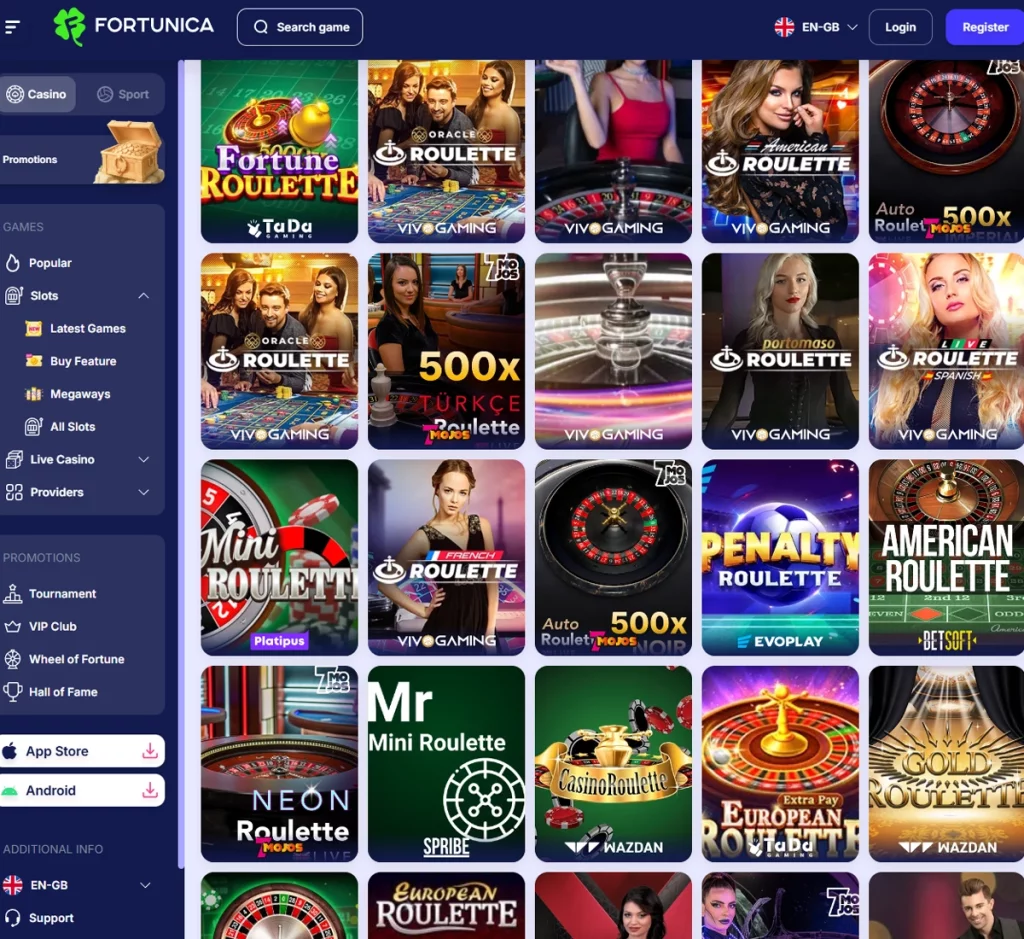 Fortunica Casino desktop roulette screenshot showing live and virtual roulette tables and betting layout – tested Fortunica Casino desktop roulette screenshot showing live and virtual roulette tables and betting layout – tested