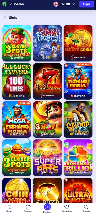 Fortunica Casino mobile slots screenshot displaying a variety of slot games and categories – tested