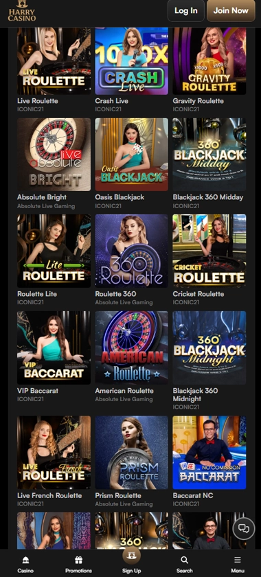 Harry Casino mobile live games screenshot showing live dealer tables including roulette and blackjack – tested