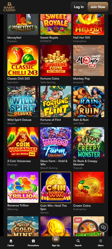 Harry Casino mobile popular games screenshot displaying top-played slots and featured games – tested