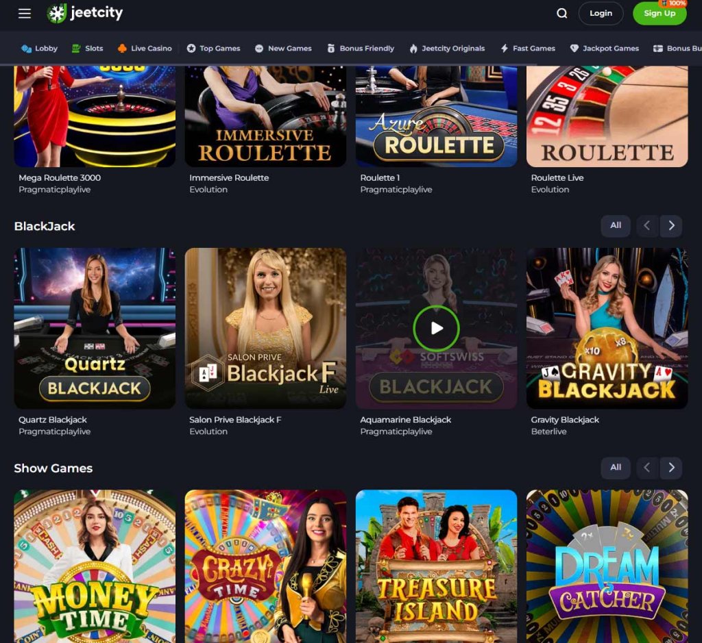 JeetCity Casino desktop live casino screenshot featuring live dealer tables such as blackjack, roulette, and baccarat – tested