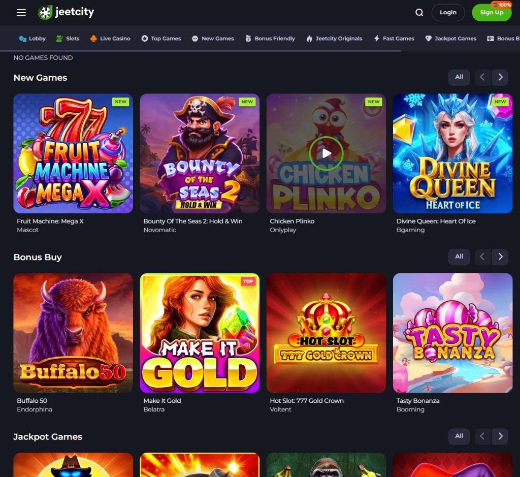 JeetCity Casino desktop slots screenshot showing a wide selection of slot games with different themes and providers – tested