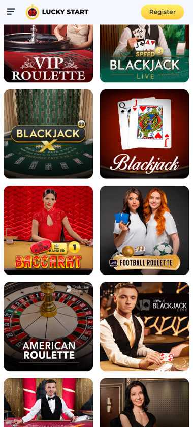 LuckyStart Casino mobile live casino section screenshot showing VIP Roulette, Speed Blackjack, Blackjack X, Baccarat, Football Roulette, and American Roulette game tiles - tested