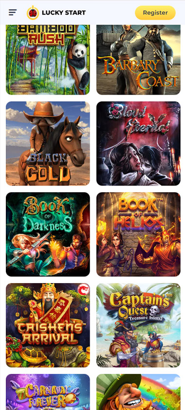 LuckyStart Casino mobile slots section screenshot showing Bamboo Rush, Barbary Coast, Black Gold, Blood Eternal, Book of Darkness, Book of Helios, Caishen's Arrival, and Captain's Quest game thumbnails - tested