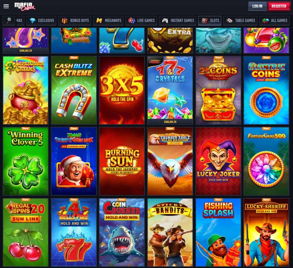 Mafia Casino desktop slots lobby displaying game categories and slot providers – tested