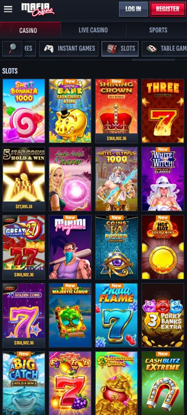 Mafia Casino mobile slots lobby with featured and trending slot games – tested