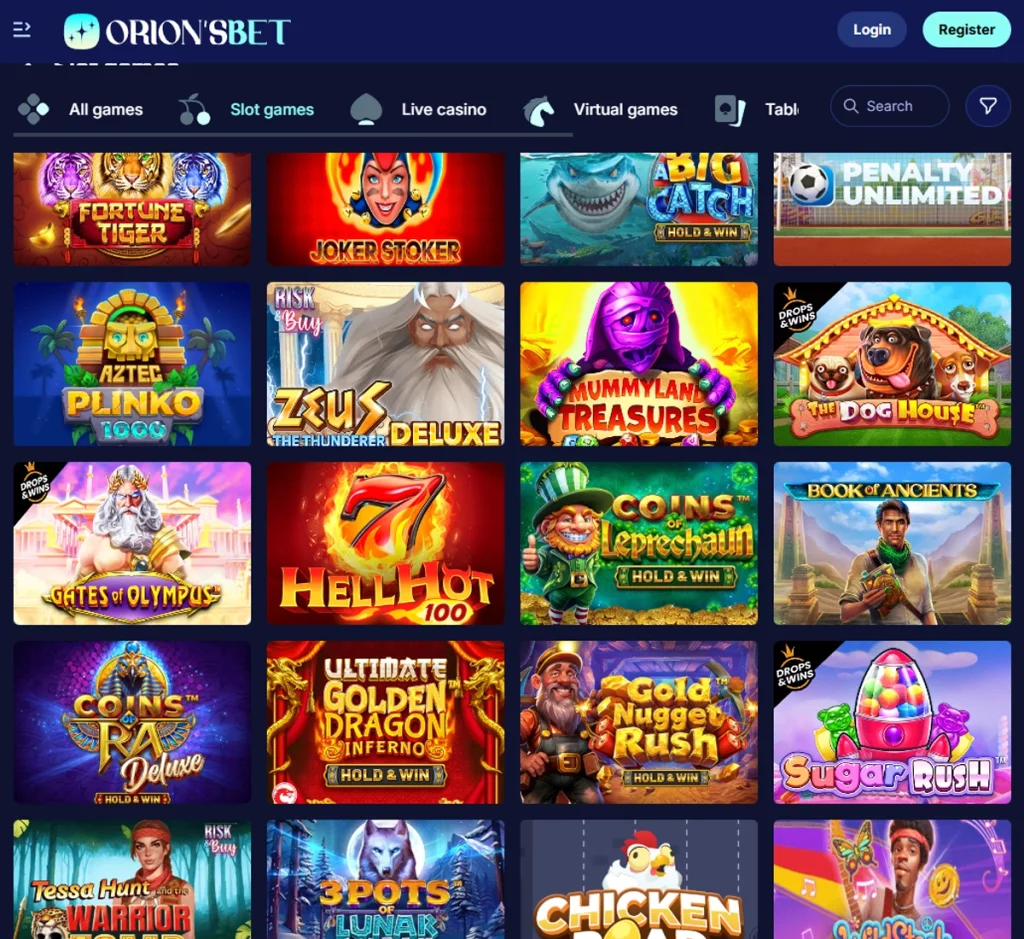 Orion’s Bet Casino desktop slots screenshot displaying a wide selection of slot games with filters and providers – tested