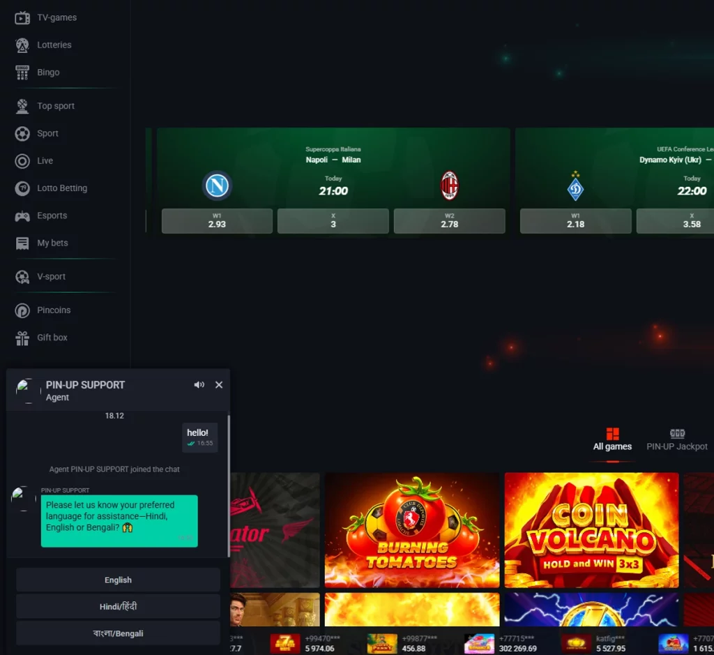 Pin-Up Casino desktop customer support screenshot showing live chat access and help options – tested