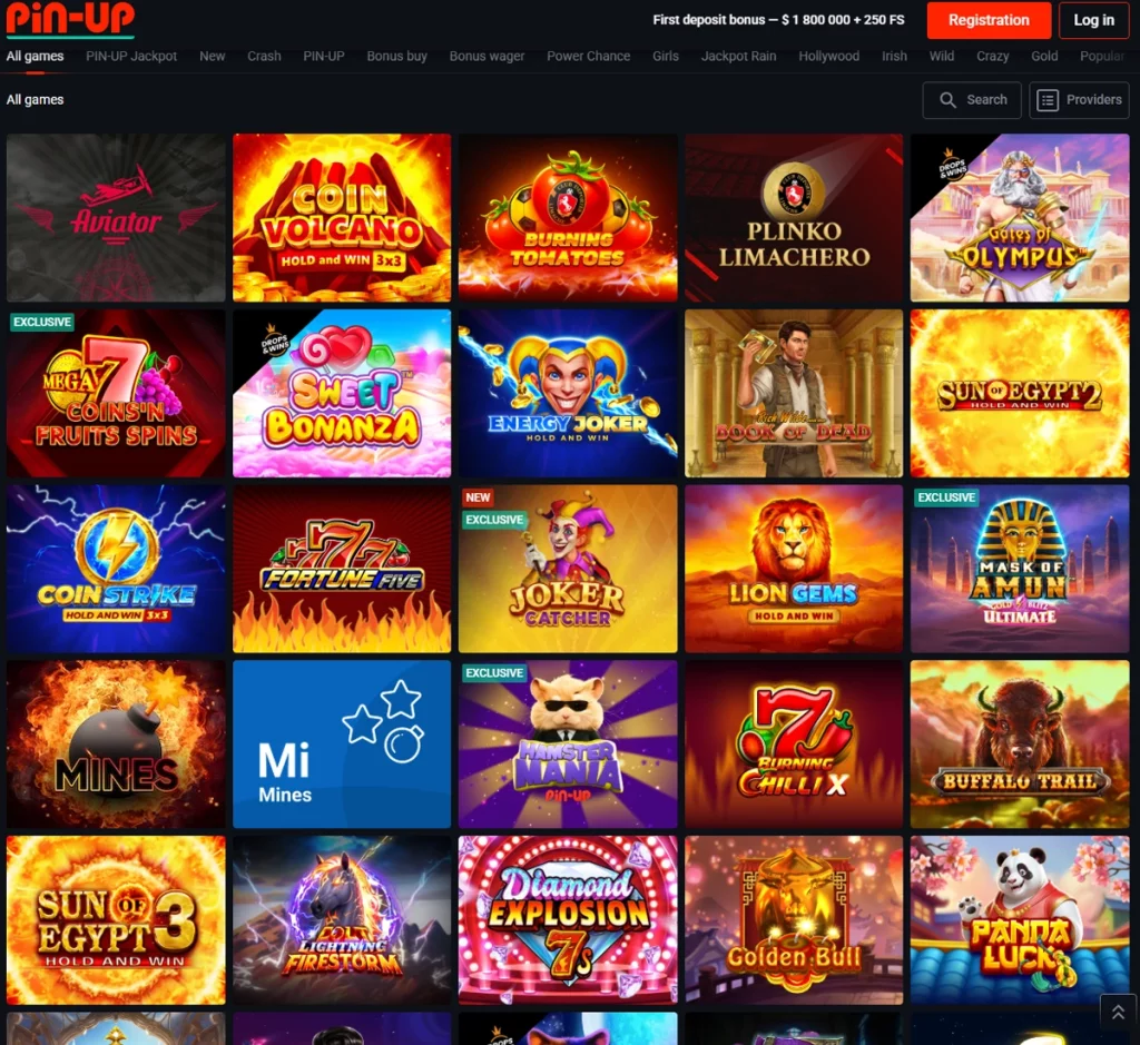 Pin-Up Casino desktop game selection screenshot displaying slots, live casino, and table game categories – tested