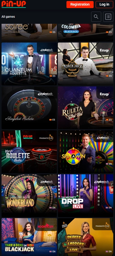 Pin-Up Casino mobile live casino screenshot showing live dealer tables including roulette and blackjack – tested