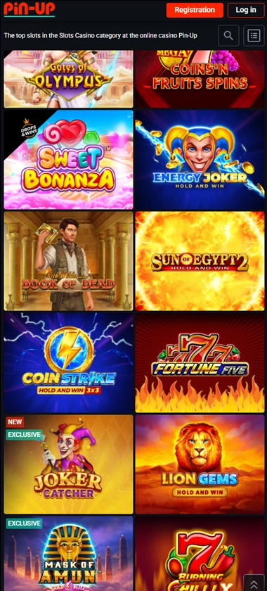 Pin-Up Casino mobile slots screenshot displaying slot game thumbnails and category filters – tested