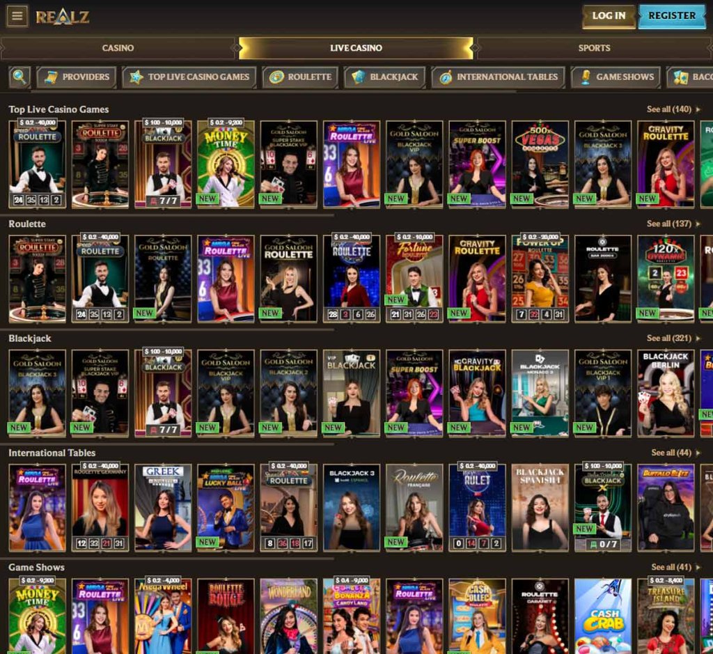 Realz Casino live dealer games section on desktop featuring roulette, blackjack and baccarat – tested