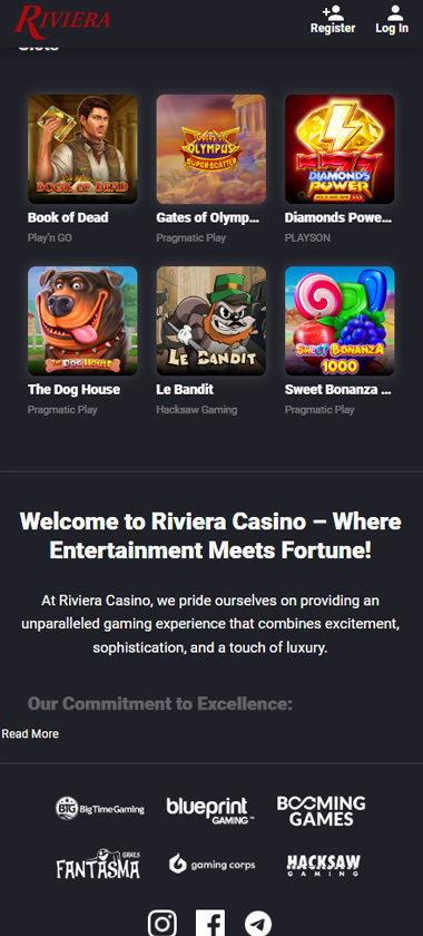 Riviera Casino mobile homepage screenshot showing featured slots Book of Dead, Gates of Olympus, and Diamonds Power with provider logos Big Time Gaming, Blueprint Gaming, and Booming Games - tested