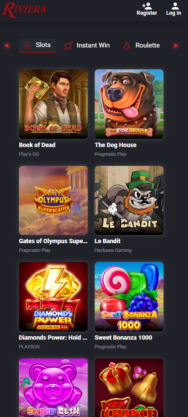 Riviera Casino mobile slots section screenshot showing game grid with Book of Dead, The Dog House, Gates of Olympus, Le Bandit, Diamonds Power, and Sweet Bonanza 1000 with navigation tabs - tested