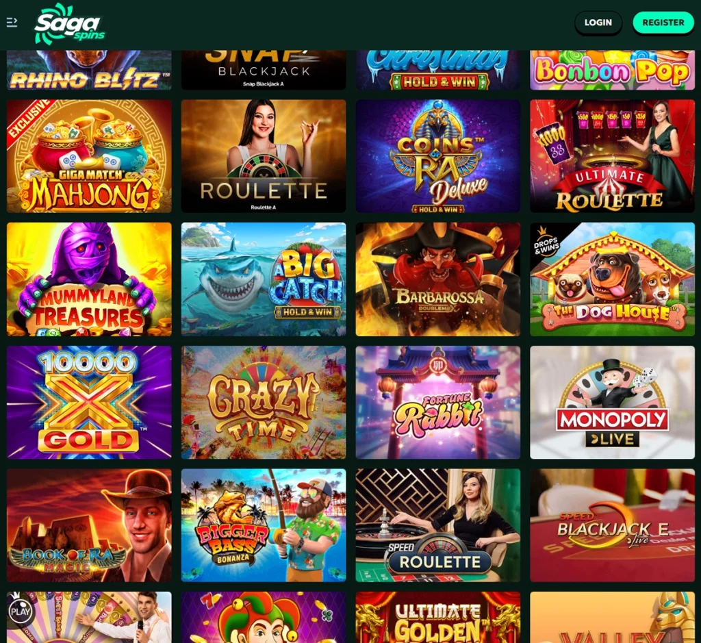 SagaSpins Casino desktop games collection screenshot showing slots, table games, and live casino options – tested