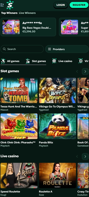 SagaSpins Casino mobile homepage screenshot showing main navigation, featured games, and promotions – tested