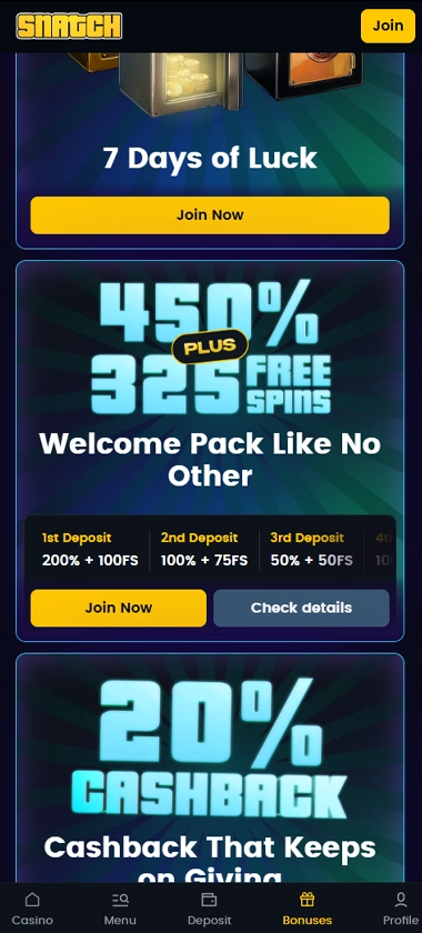 Snatch Casino mobile bonuses page screenshot displaying active promotions and bonus offers – tested Snatch Casino mobile bonuses page screenshot displaying active promotions and bonus offers – tested