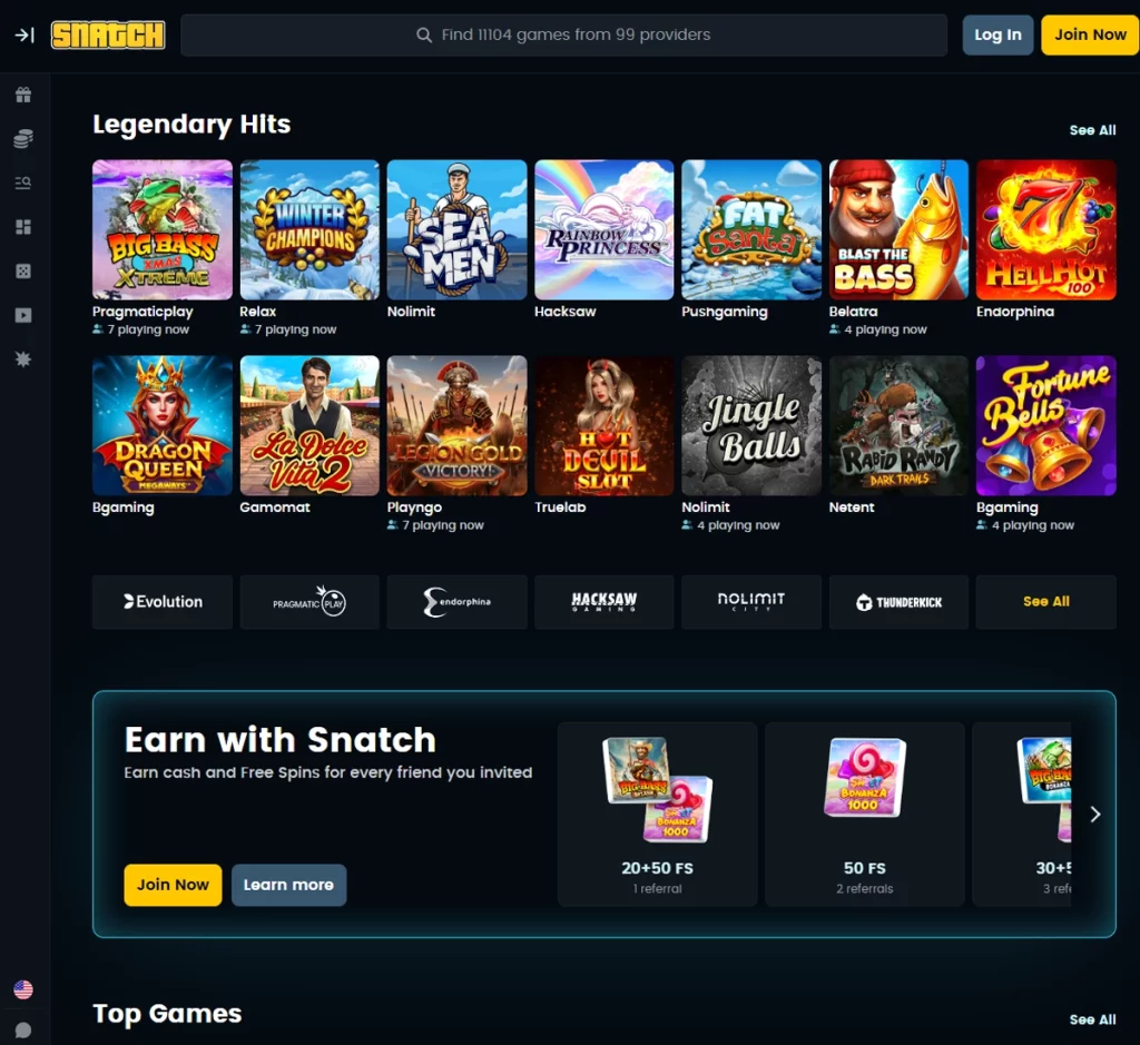 Snatch Casino desktop game lobby screenshot showing featured slots, live casino games, and navigation menu – tested Snatch Casino desktop game lobby screenshot showing featured slots, live casino games, and navigation menu – tested