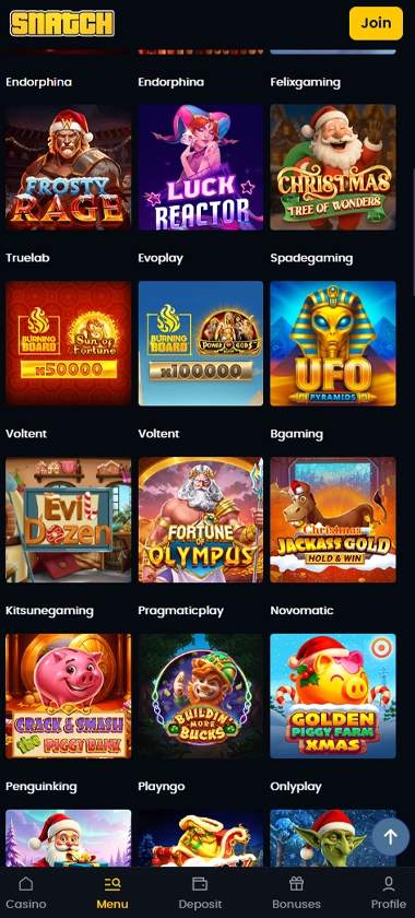 Snatch Casino mobile game selection screenshot showing slots, table games, and live casino options – tested Snatch Casino mobile game selection screenshot showing slots, table games, and live casino options – tested