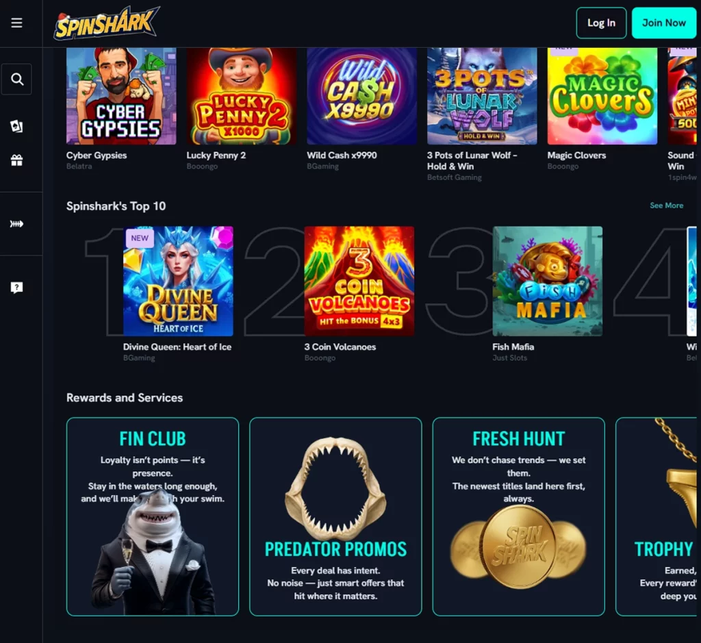 Spin Shark Casino desktop homepage screenshot showing featured games, navigation menu, and promotional banners – tested Spin Shark Casino desktop homepage screenshot showing featured games, navigation menu, and promotional banners – tested