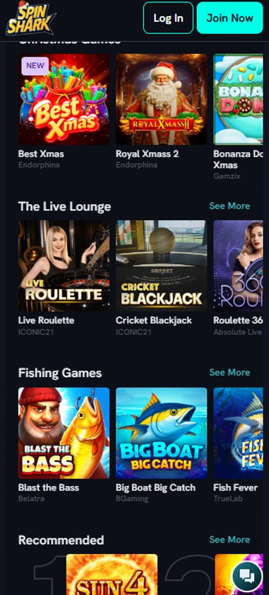 Spin Shark Casino mobile homepage screenshot displaying main navigation, featured games, and welcome promotions – tested