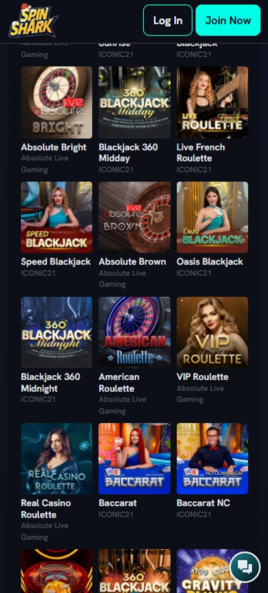 Spin Shark Casino mobile live casino screenshot showing live dealer tables with blackjack, roulette, and baccarat in real-time – tested