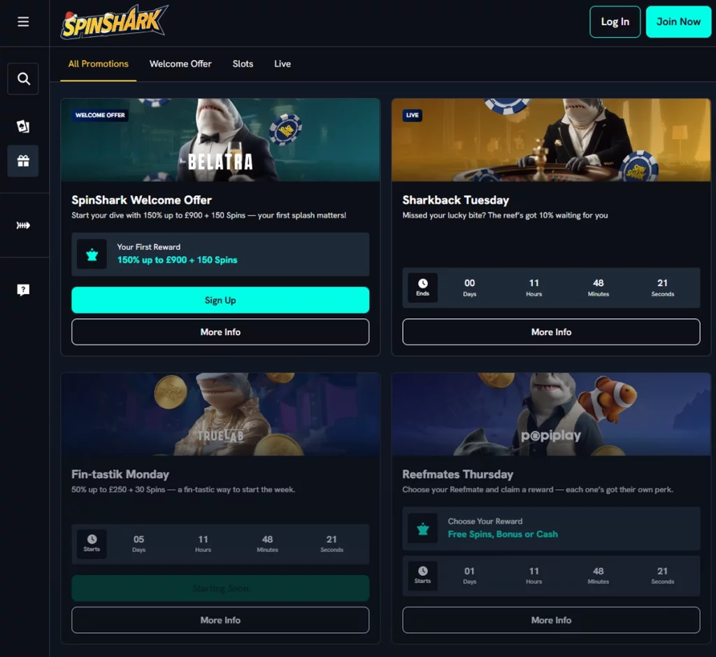 Spin Shark Casino desktop promotions screenshot showing active bonuses, special offers, and wagering terms layout – tested