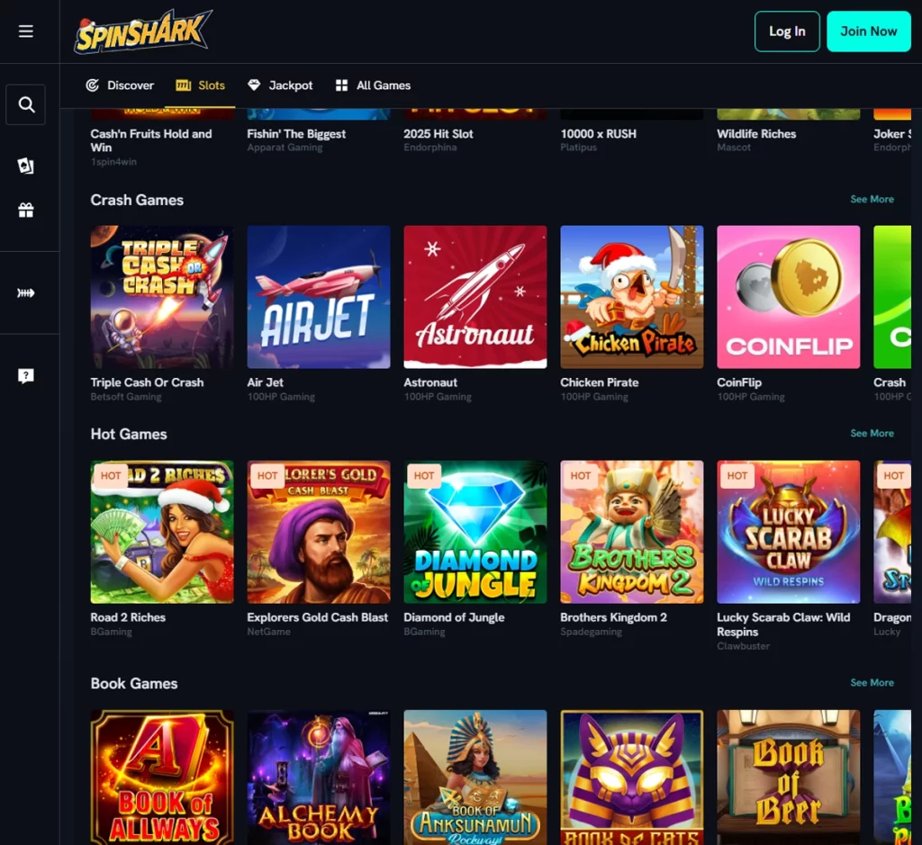 Spin Shark Casino desktop slots screenshot displaying slot game library with providers, filters, and popular titles – tested Spin Shark Casino desktop slots screenshot displaying slot game library with providers, filters, and popular titles – tested