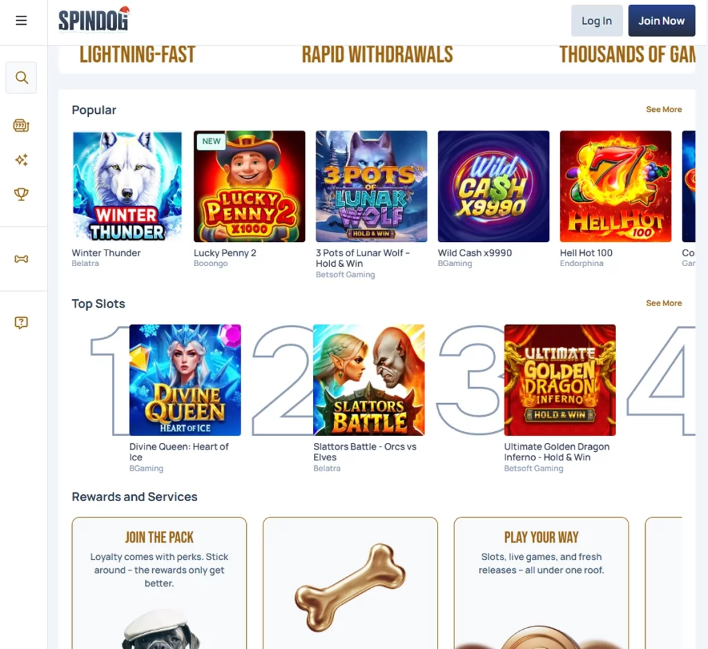 SpinDog Casino desktop homepage screenshot showing featured promotions, main navigation menu, and highlighted games – Tested SpinDog Casino desktop homepage screenshot showing featured promotions, main navigation menu, and highlighted games – Tested