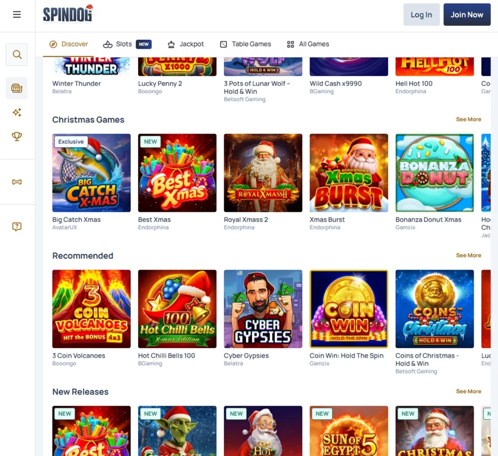 SpinDog Casino desktop games collection screenshot showing slots, table games, and live casino categories – tested SpinDog Casino desktop games collection screenshot showing slots, table games, and live casino categories – tested